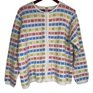 Vintage Talbots Colorful Patchwork Full Zip Sweater Jacket Womens 1X GrannyCore